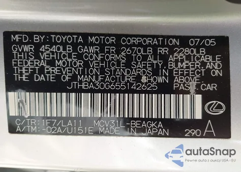 2005 Lexus Es 330 z USA, uszkodzony, nr VIN JTHBA30G655142625